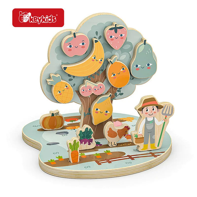 Wooden Fruit Tree Matching Toy Set with Sorting Box and Tweezers - Educational Farm-Themed Fine Motor Skills Game W14D344
